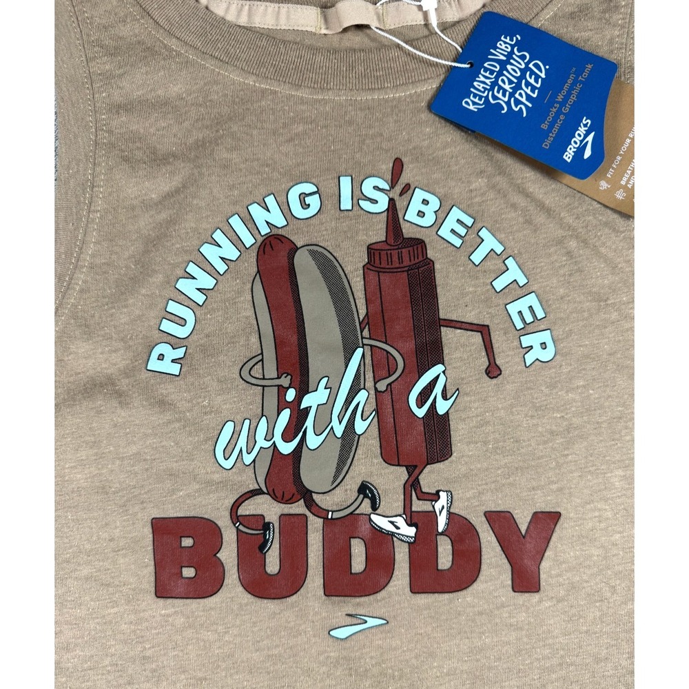 NWT: Brooks Shoes "Run Buddy" Distance Graphic Heather Oatmeal Tank Top Sz Small